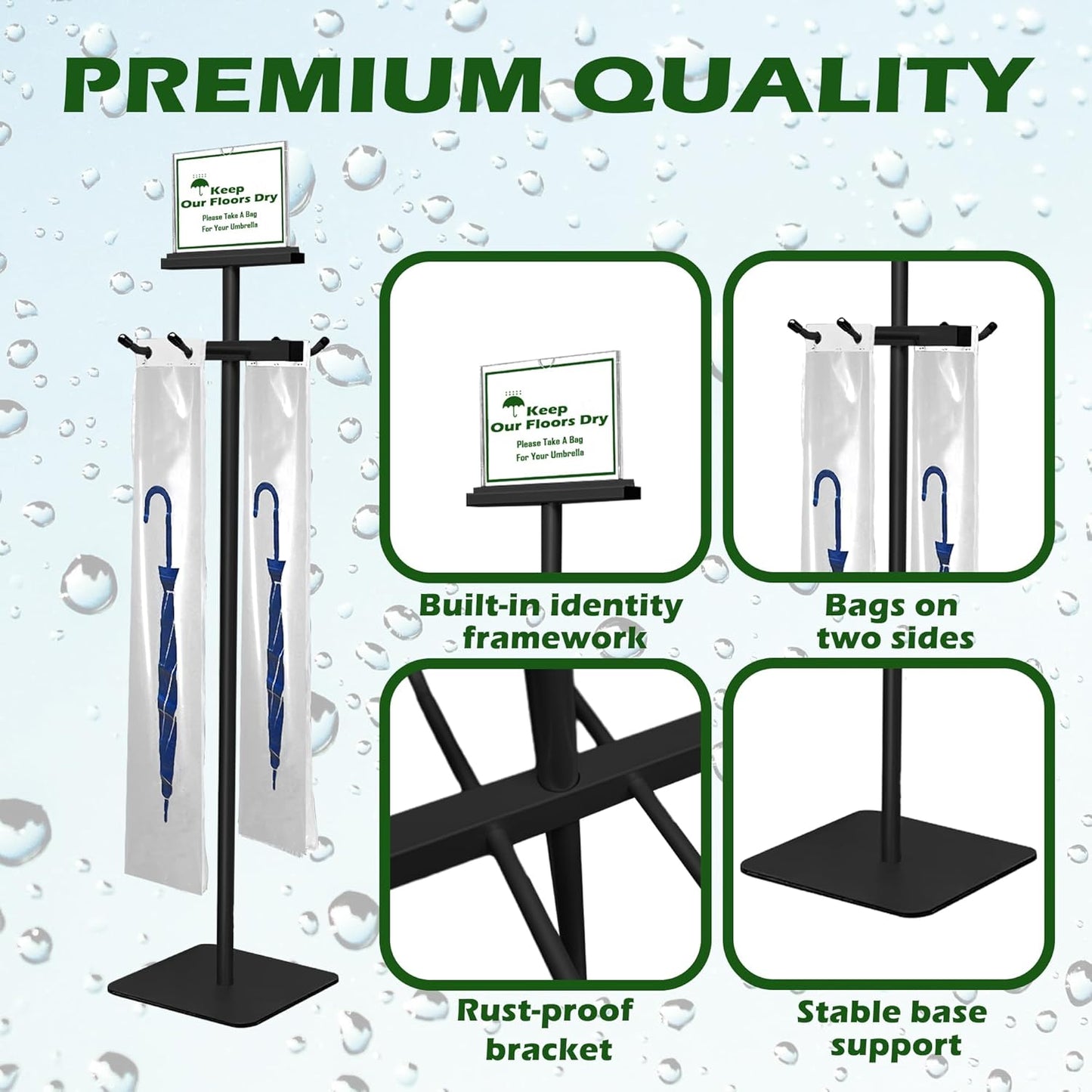 Umbrella Bag Stand, Umbrella Holder Stand with Free 200 Disposable Large Plastic Umbrella Bags, Wet Umbrella Bags Stand