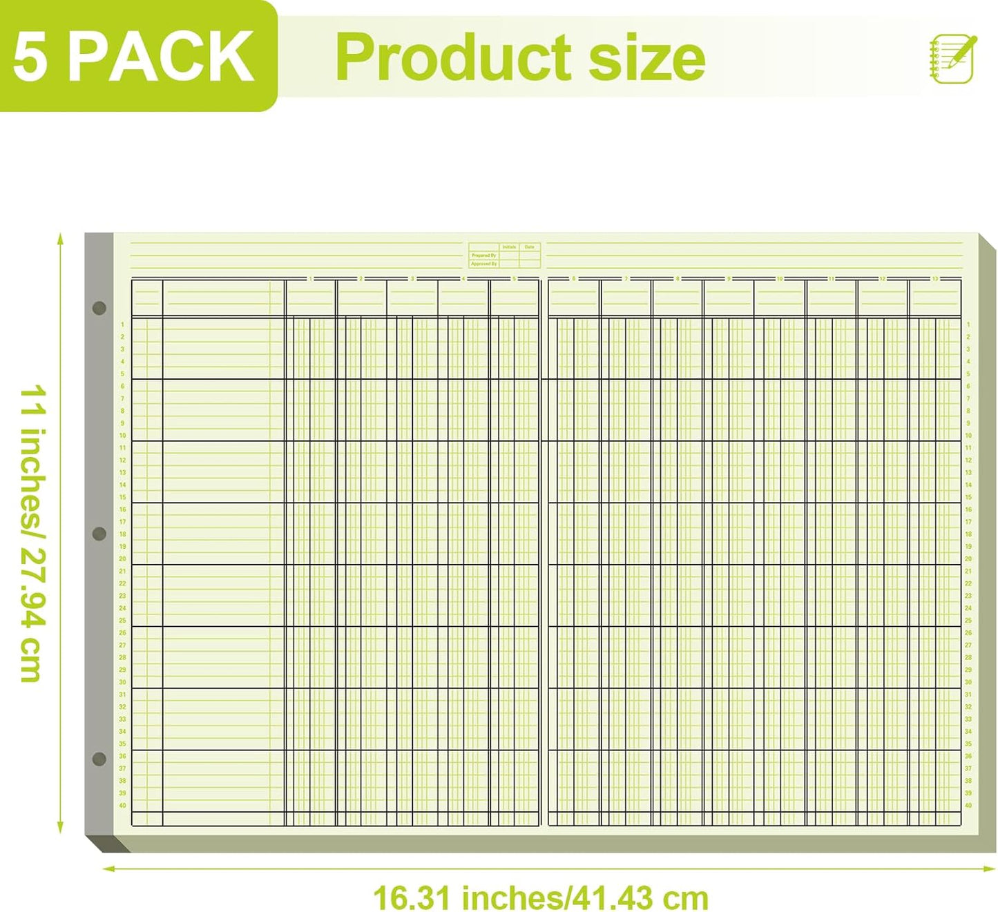 Zhanmai 5 Pack 250 Sheets Analysis Columnar Books 3 Hole Accounting Ledger Book Ledger Paper Pad Columnar Pad for Business, 50 Sheets/Pack, Single Page Format, Green(13 Columnar,16.31 x 11)