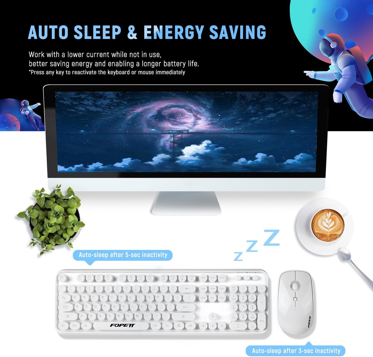 FOPETT Wireless Keyboard and Mouse Combo - 2.4G Full-Sized White Keyboard with Round Keycaps 104 Keys Typewriter Keyboard for Laptop/Windows/PC - White