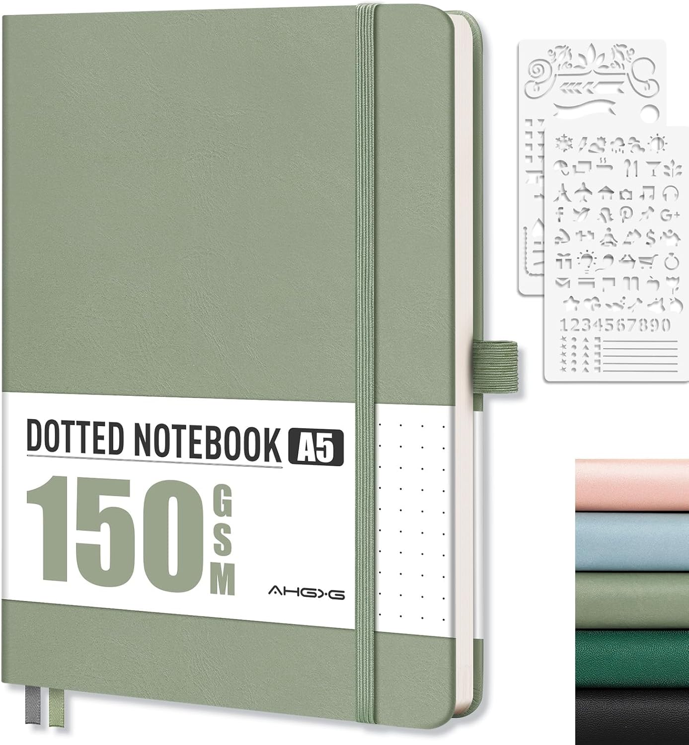 AHGXG Bullet Dotted Journal - 150 GSM Dot Grid Notebook Journal, Thick Acid-Free Paper, A5 Dotted Notebook 128 Pages, Leather Hardcover, Inner Pocket, Journal Stencil, 5.7'' × 8.3'' - Sage Green