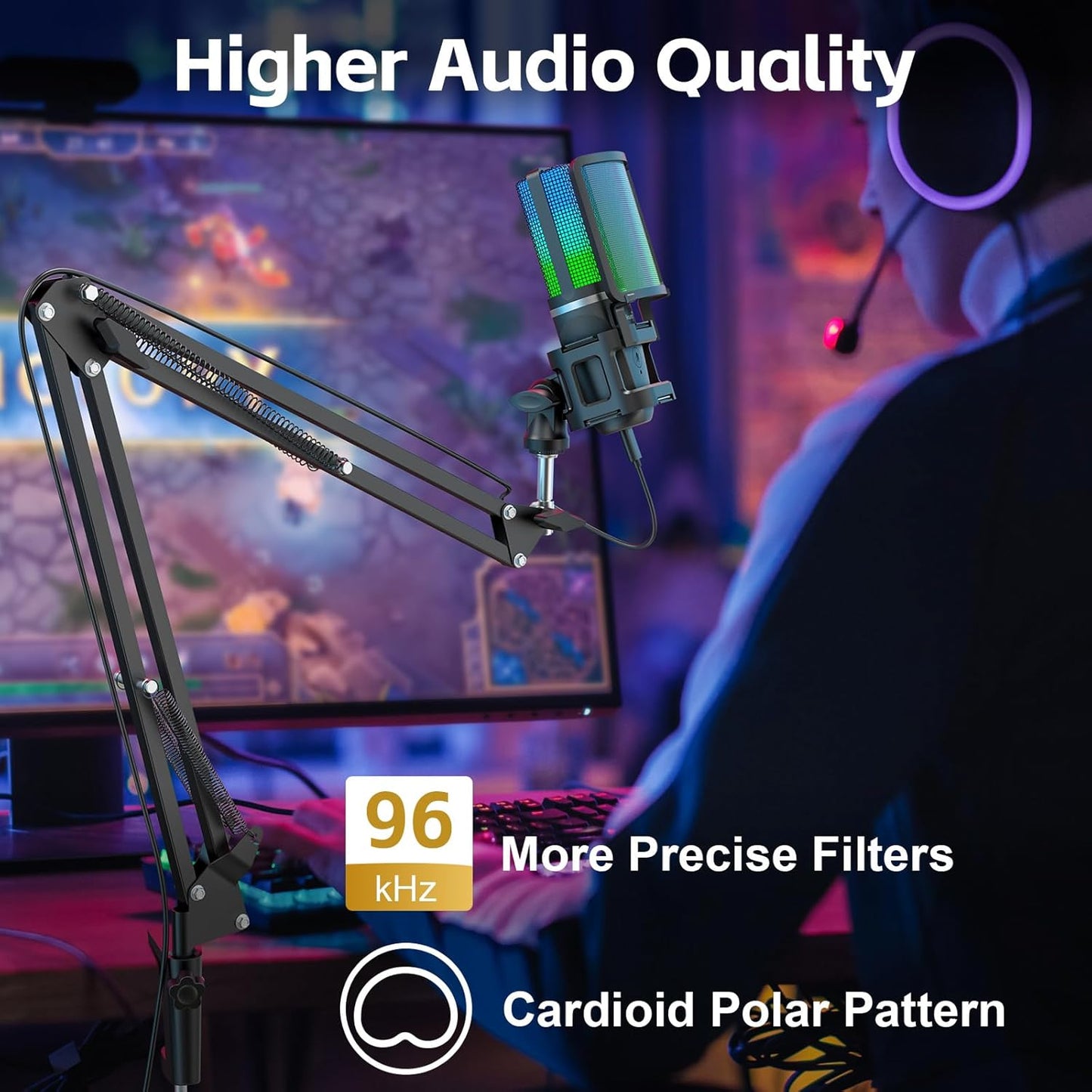 ZealSound Gaming USB Microphone,Noise Cancellation Condenser mic,RGB Microphone with Mute,Gain,Monitoring,Boom Arm,Pop Filter for Phone,PC,Computer,PS4,PS5,Mac,Streaming,Podcast,Twitch,YouTube,Discord