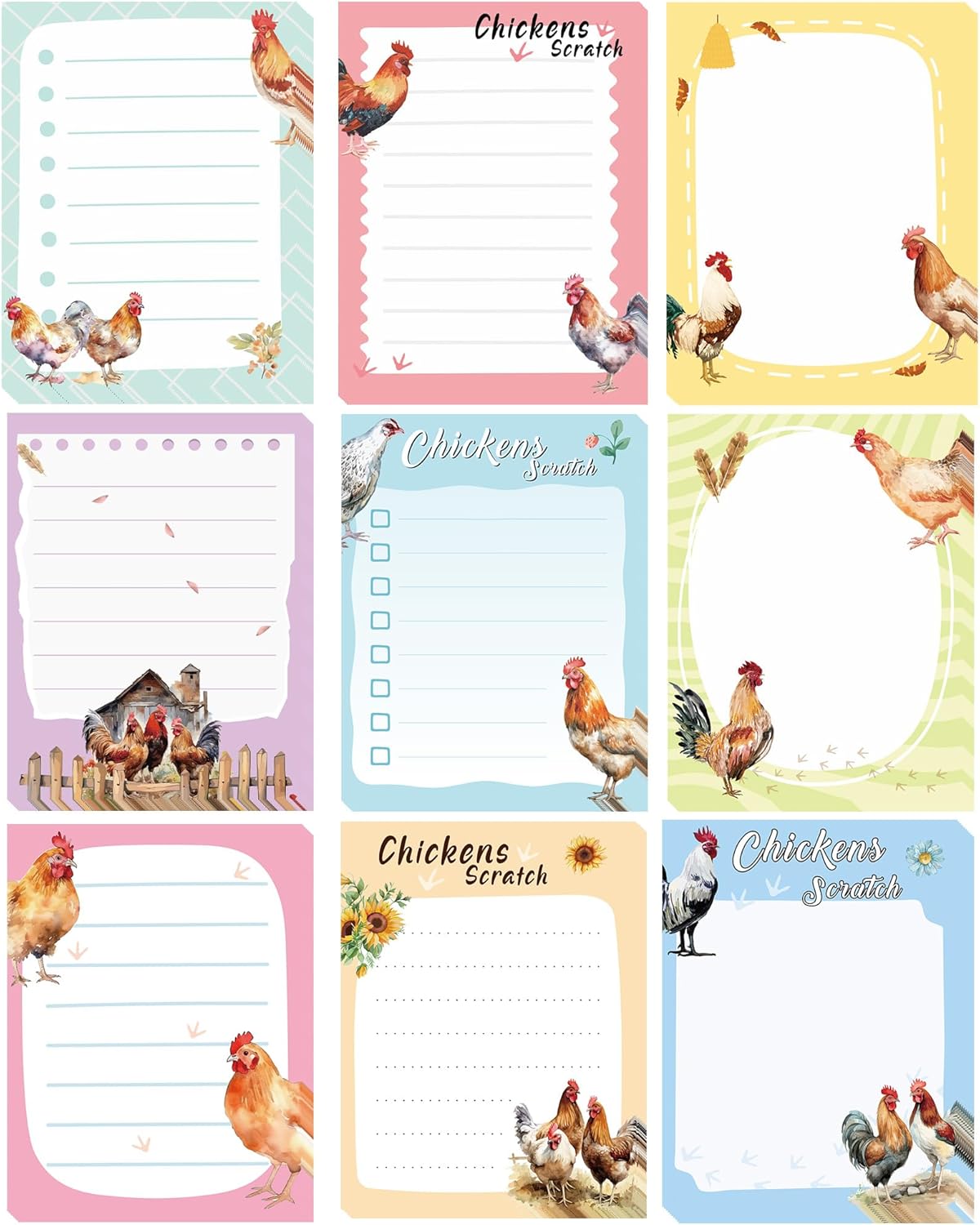 9 Pack Funny Chicken Sticky Notes Set, 450 Sheets Farm-Themed Self-Stick Notepads with Cute Hen and Rooster Designs, Country Gifts for Women Chicken Lovers or Office Use