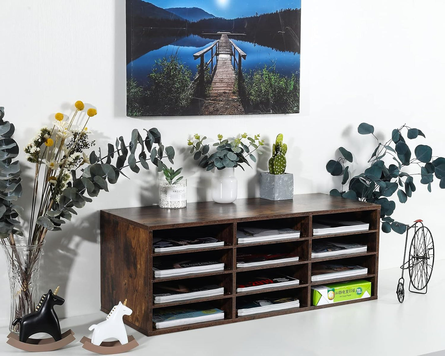 PAG Mail Sorter Organizer, Wood Countertop Literature Organizer, Student Mailbox for Classroom, Desktop Bill Paper Organizer for Office Home School, 12 Compartments, Antique Brown