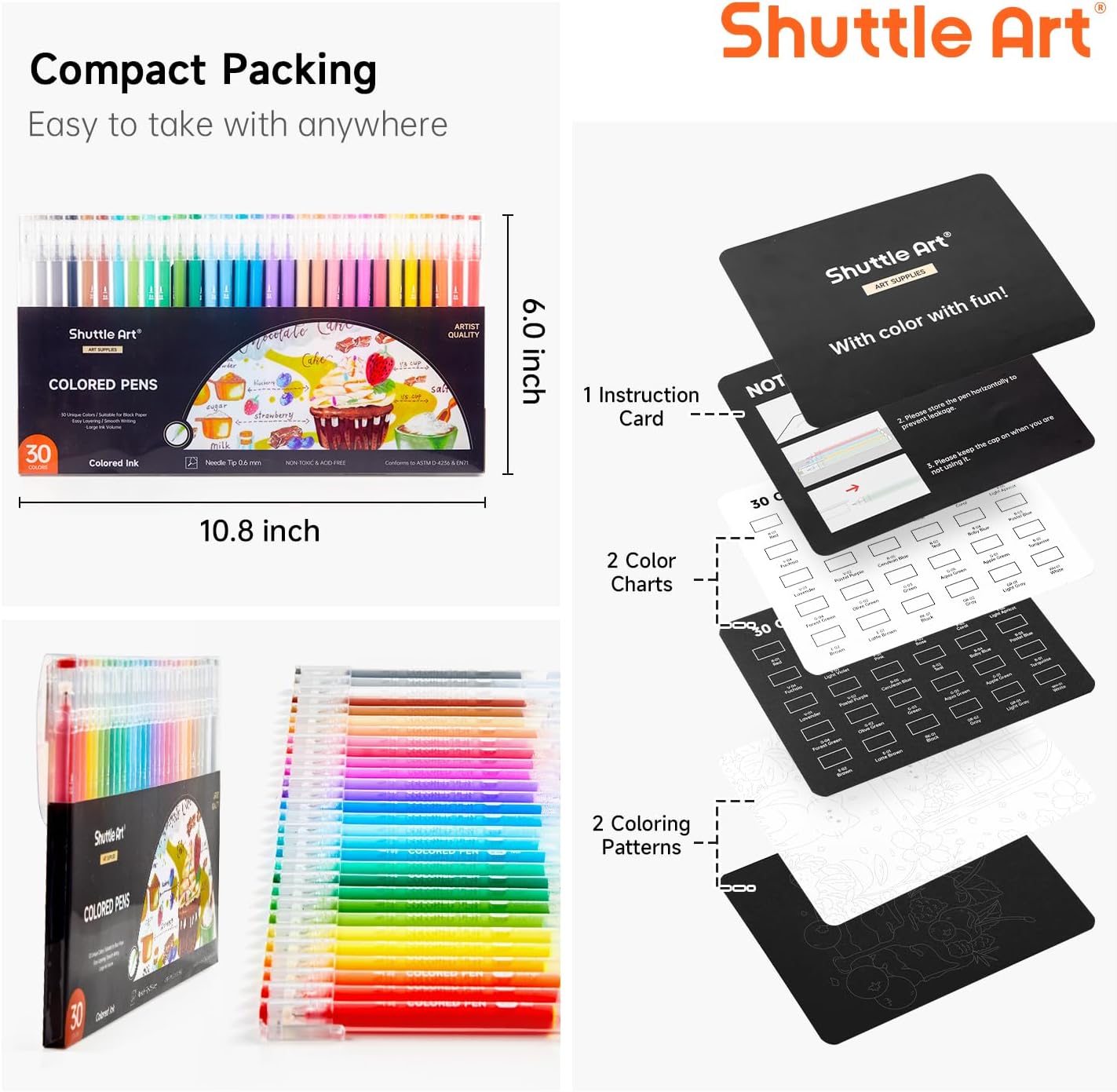 Shuttle Art 30 Colors Cute Journal Pens 0.6mm Fine Point Colored Gel Pens for Black Paper Adult Coloring Writing Drawing Journaling Note Taking School Office Home