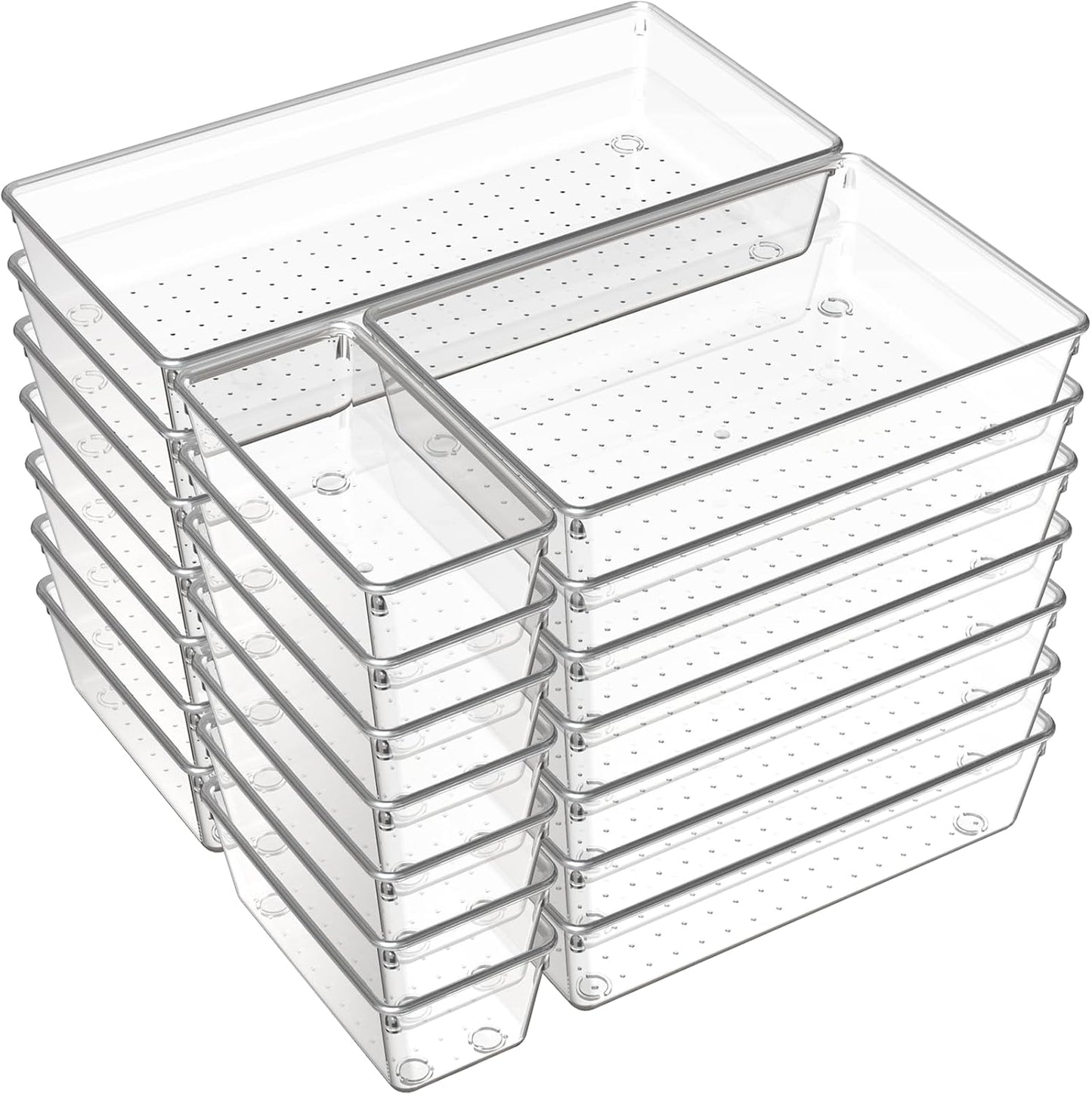 Criusia 21 Pack Large Clear Plastic Drawer Organizer Trays | BPA-Free Acrylic Organizer Bins for Large Kitchen Utensils, Bathroom, Makeup, Jewelries, Office Desk, School Supplies, Perfume