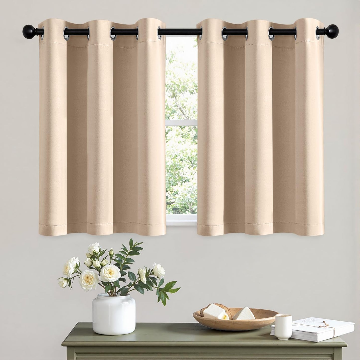 MIULEE Short Curtains for Windows - Beige Blackout Half Window Curtains Thermal Insulated Privacy Drapes for Kitchen Bedroom Bathroom Grommet Top Small Basement Tiers W40 x L36 Inch 2 Panels