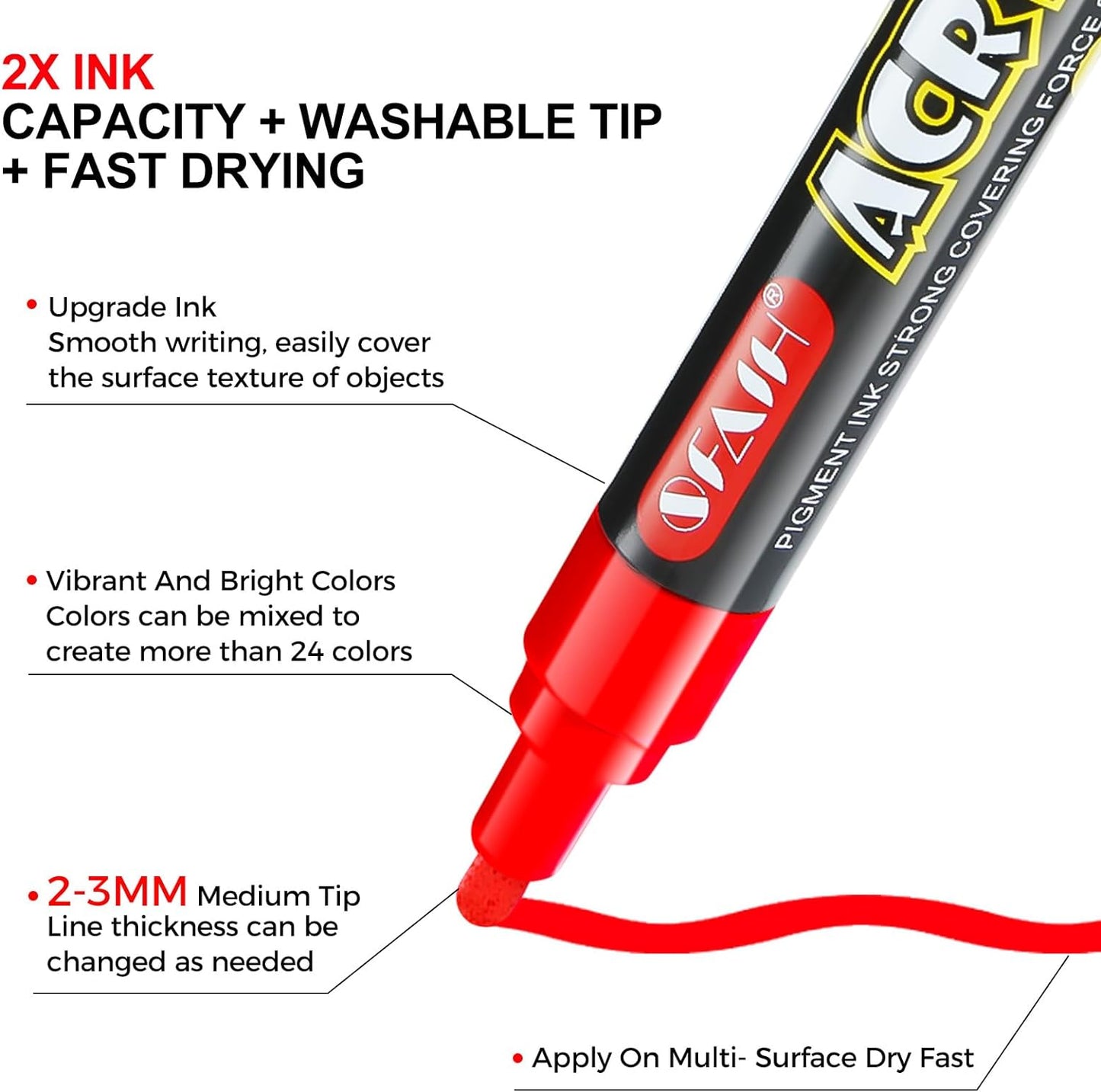 SFAIH Acrylic Creative Markers - 3mm Replaceable Nibs 15 Colors, Large Ink Capacity, Ultra-High Coverage, Non-Bleeding Water-Based Ink, Drawing Markers for Art Supplies, Wood, Fabric, Rock Painting