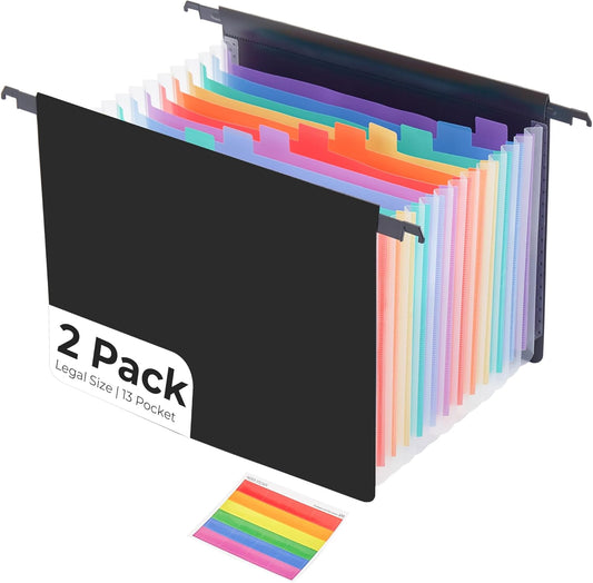 Y YOMA Legal Size - Plastic Expanding Hanging File Folders with 13 Accordion Pockets | Hook Removable Waterproof Extra Capacity for Bulky Files in School Home Office, 2 Pack