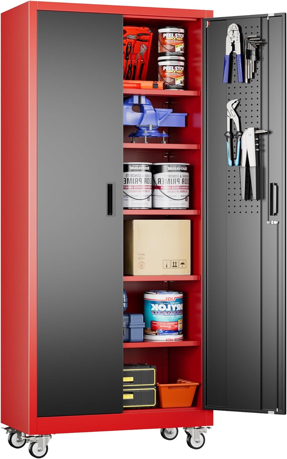 Aobabo Upgraded Garage Storage Cabinets with Wheels,Metal Storage Cabinets with 5 Adjustable Shelves for Garage Home Office Storage, Red-Black,71''H*32''W*16''D,Assembly Required