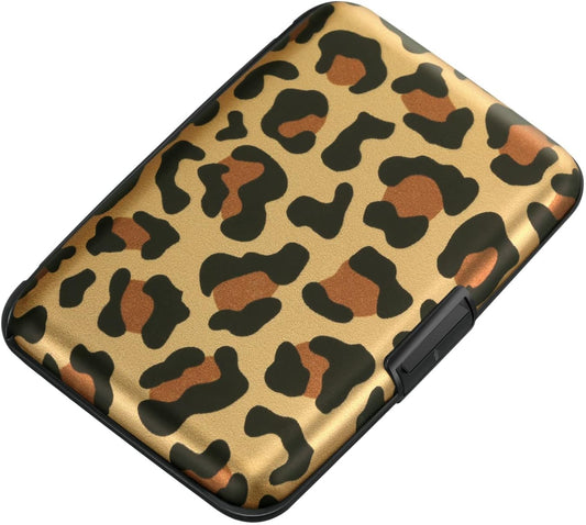 ELFISH Mini RFID Aluminum Wallet Credit Cards Holder Business Card Case Metal ID Case for Men Women（Leopard