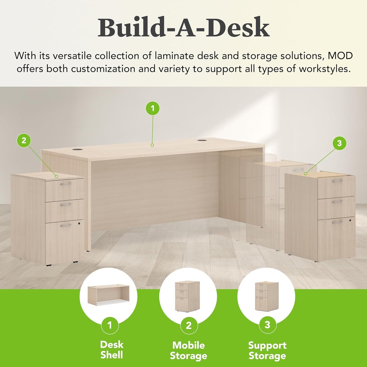 HON MOD Executive Desk 72-Inch Large Computer Desk Shell, Thick Wooden Laminate, Modern Table with Cord Management, 72" W x 30" D x 29" H, Desert Oak