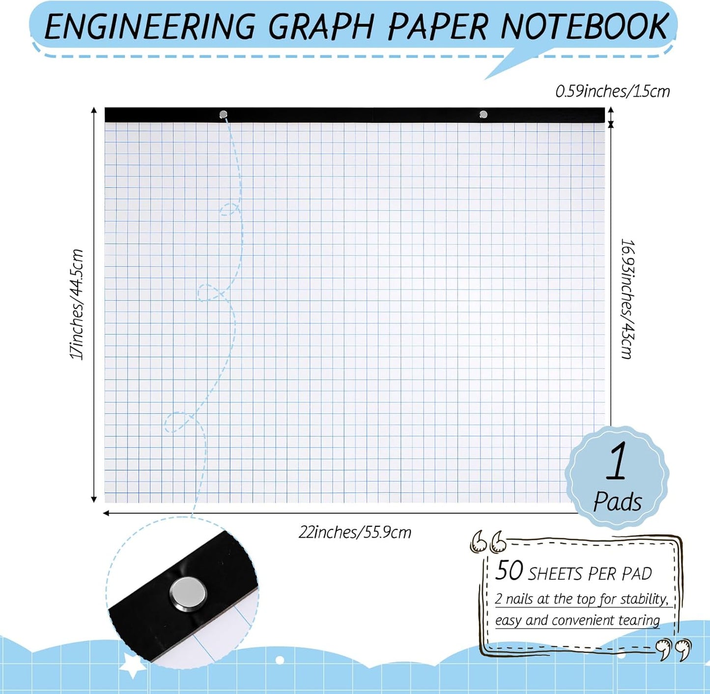 Fainne Large Engineering Graph Paper Pad 22''x17'' Landscape 4" x 4"Grid Pad Giant Drafting Sketching Graph Paper for Engineer Architect Designer Mathematician Draftsman(White and Blue)