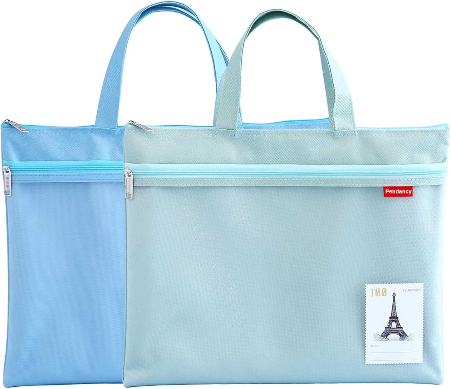 Pendancy Mesh Zipper Pouch 11x13.7 in, 2 pcs Large Double Pocket Waterproof File Bag with Handle, A4 Size Foldable Document Storage for Puzzle Project/Cross Stitch/Travel/Office（Blue Green）