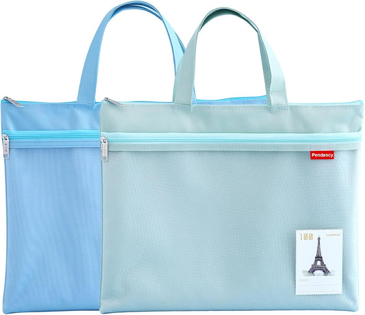 Pendancy Mesh Zipper Pouch 11x13.7 in, 2 pcs Large Double Pocket Waterproof File Bag with Handle, A4 Size Foldable Document Storage for Puzzle Project/Cross Stitch/Travel/Office（Blue Green）