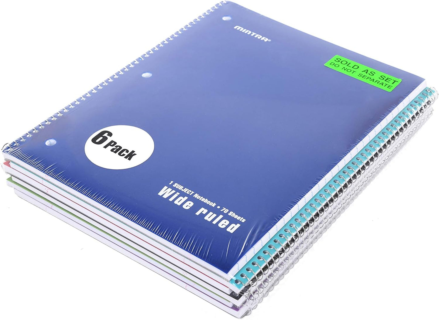Mintra Office Spiral Notebooks - 1 Subject, Poly Cover, 70 Sheets, WIDE Ruled, 8in x 10in, Bulk Pack, Primary Color Waterproof Covers, Set of 6 - for School, Office, Business, Professional (04658)