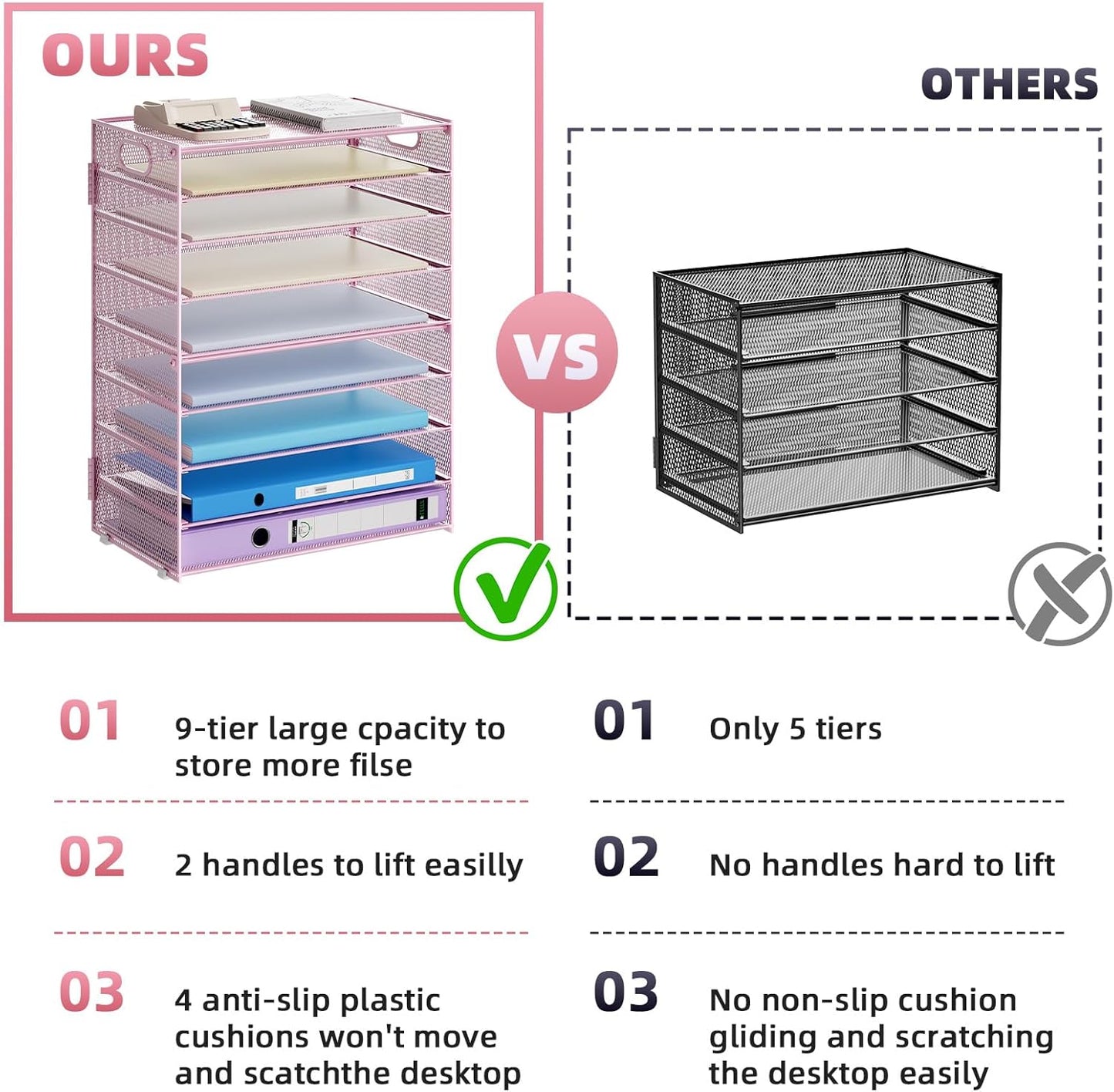 Marbrasse Paper Organizer Letter Tray, 9 Tier Mesh File Organizer with Handle, Paper Sorter Desk Organizer for Home Office Supplies - Pink