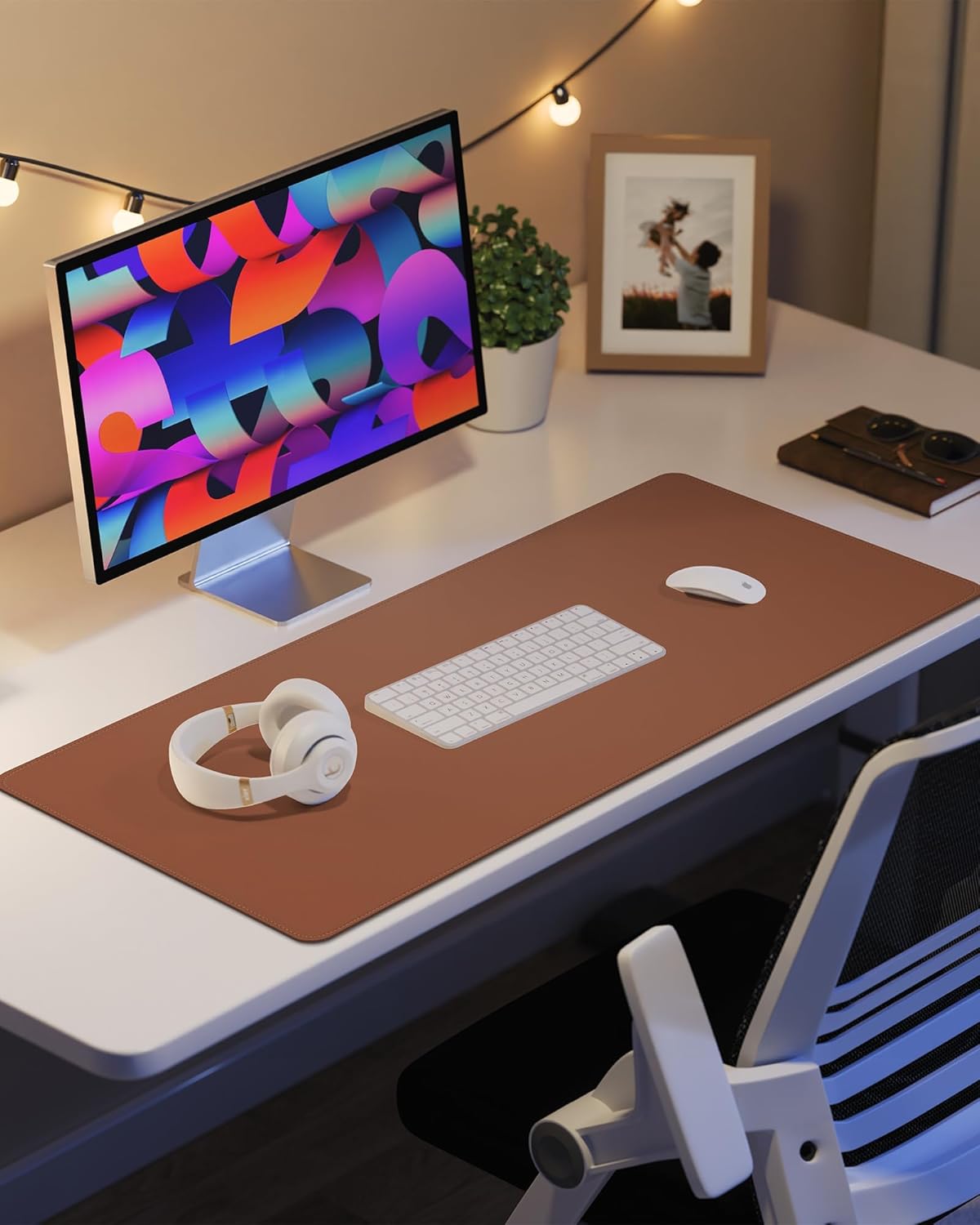 Large Desk Mouse Pad Protector, Stitched Locking Edge Non-Slip PU Leather Desk Mat Laptop Table Pad Blotter, Waterproof Durable Writing Pad for Office and Home (Brown, 90 x 43cm)