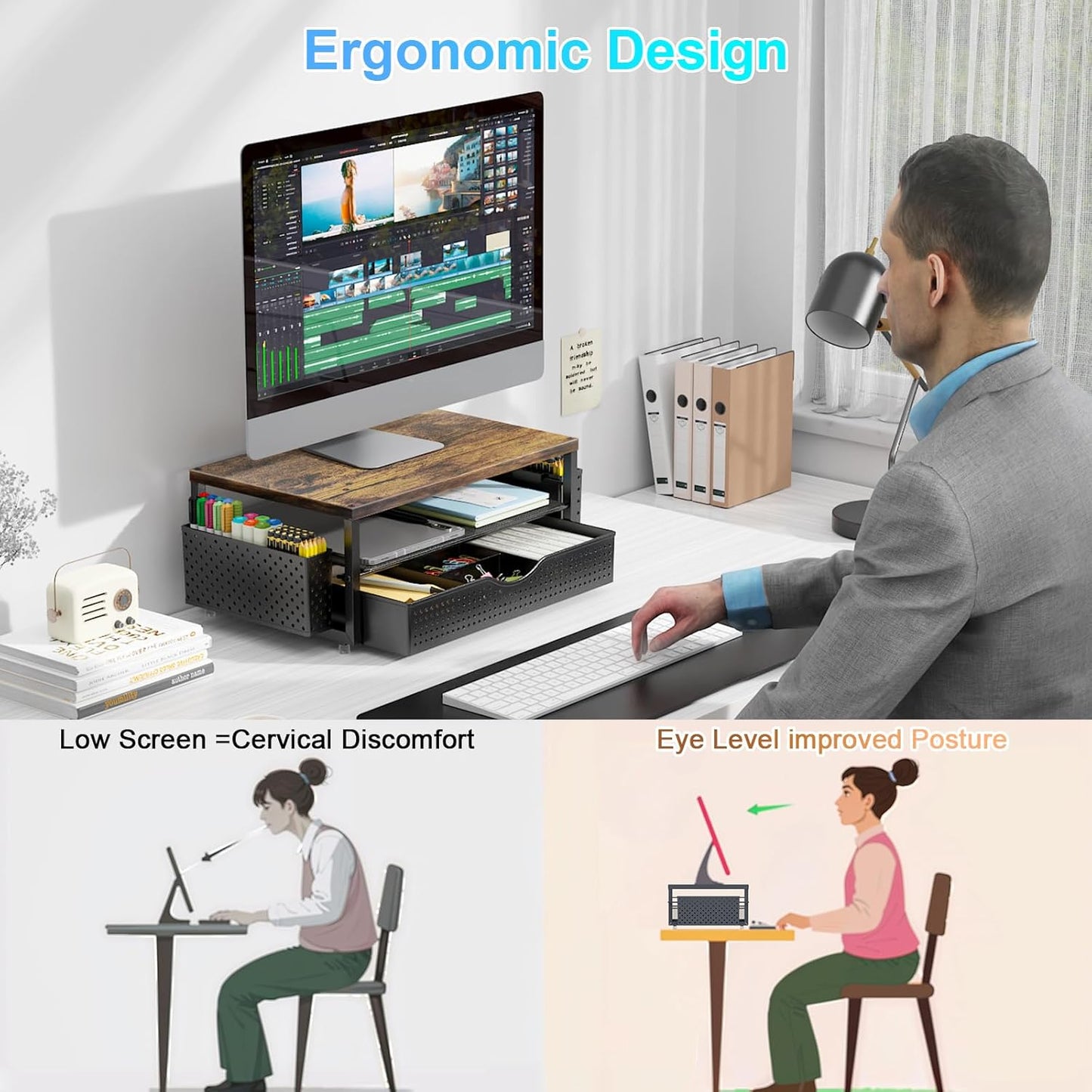 gianotter Wood Monitor Stand Riser, Office Desk Shelf Organizer, Desk Organizer with Drawer and Pen Holder, 2-Tier Computer Stand, Office Organization (Wood)