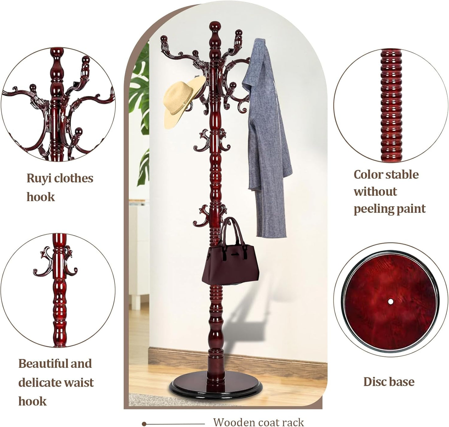 Vintage Wooden Coat Rack Free Standing,14 Hooks, 3-Level Adjustable Height, 73-Inch Retro Coat Rack Stand, Suitable for Entryway, Living Room, Office and Bedroom (Mahogany)