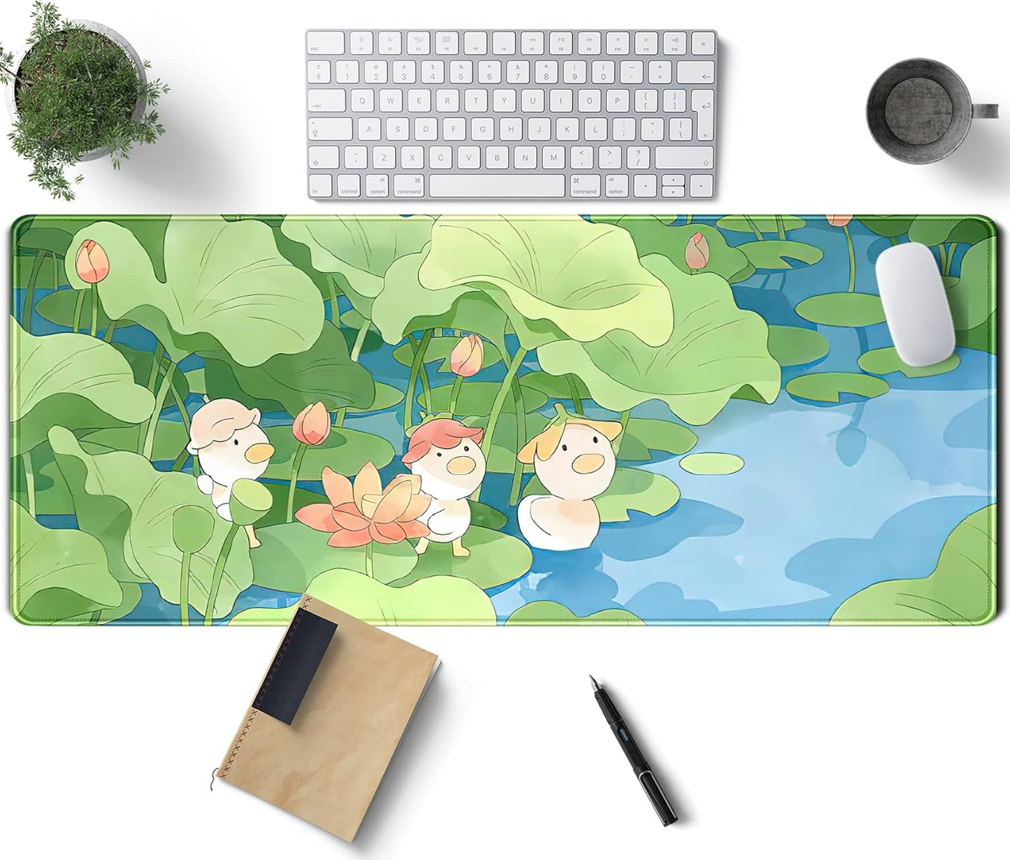 Kawaii Desk Mat Cute Mouse Pad Green Healing Design Cartoon Anime Duck Desk Pad Large Laptop Keyboard Mat Pad Computer Mouse Pads for Girl Desk Office Decor, 31.5x11.8 in Desktop Mousepad Deskmat