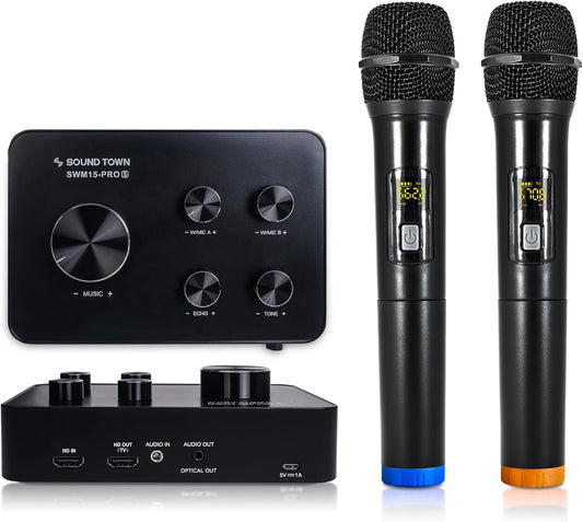 Sound Town 16 Channels Wireless Microphone Karaoke Mixer System, Supports HD ARC, Optical (Toslink), Smart TV, Media Box, PC, Bluetooth, Soundbar, Receiver, AUX (SWM15-PROS)