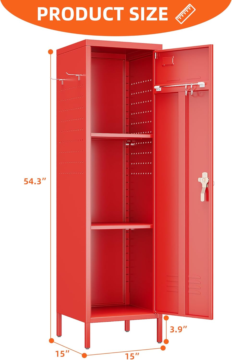 Metal Storage Locker with Pegboard and Hooks,Metal Locker for Employees with Handle and Hanging Rod for Gym, School, Office,Home,Garage,Assembly Required,Red