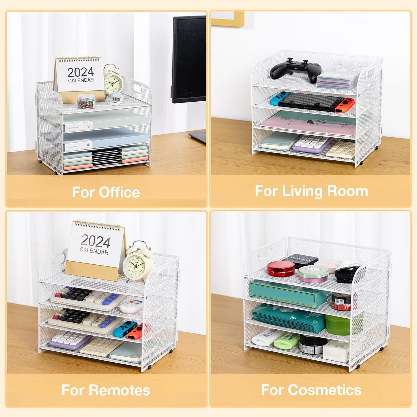 4-Tier Paper File Tray Organizer, Desk Organizer Tray with Handle, Mesh Desk File Organizer for Office Supplies Desktop Accessories - White