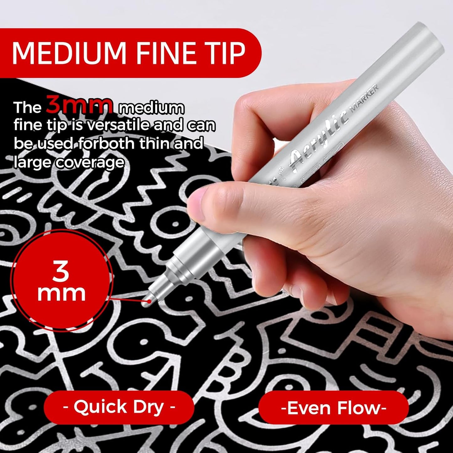 SFAIH Silver Paint Markers Pens - 4 Pack 2-3MM Medium Tip Metallic Acrylic Markers For Holiday Decor, Gift Wrapping, Party Posters, DIY Craft Projects