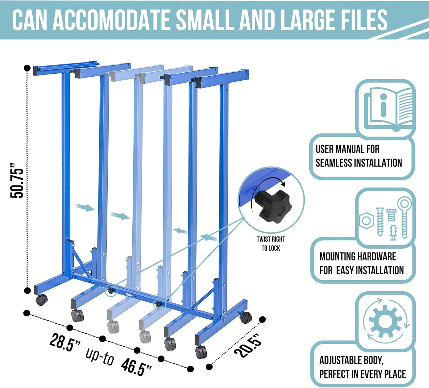 Adir Mobile Blueprint Storage Rack - Adjustable Mobile Blueprint Holder, Vertical Architect Drawing Rack with Wheels, Poster Display, Construction Plans Holder (Without Blueprint Clamps)