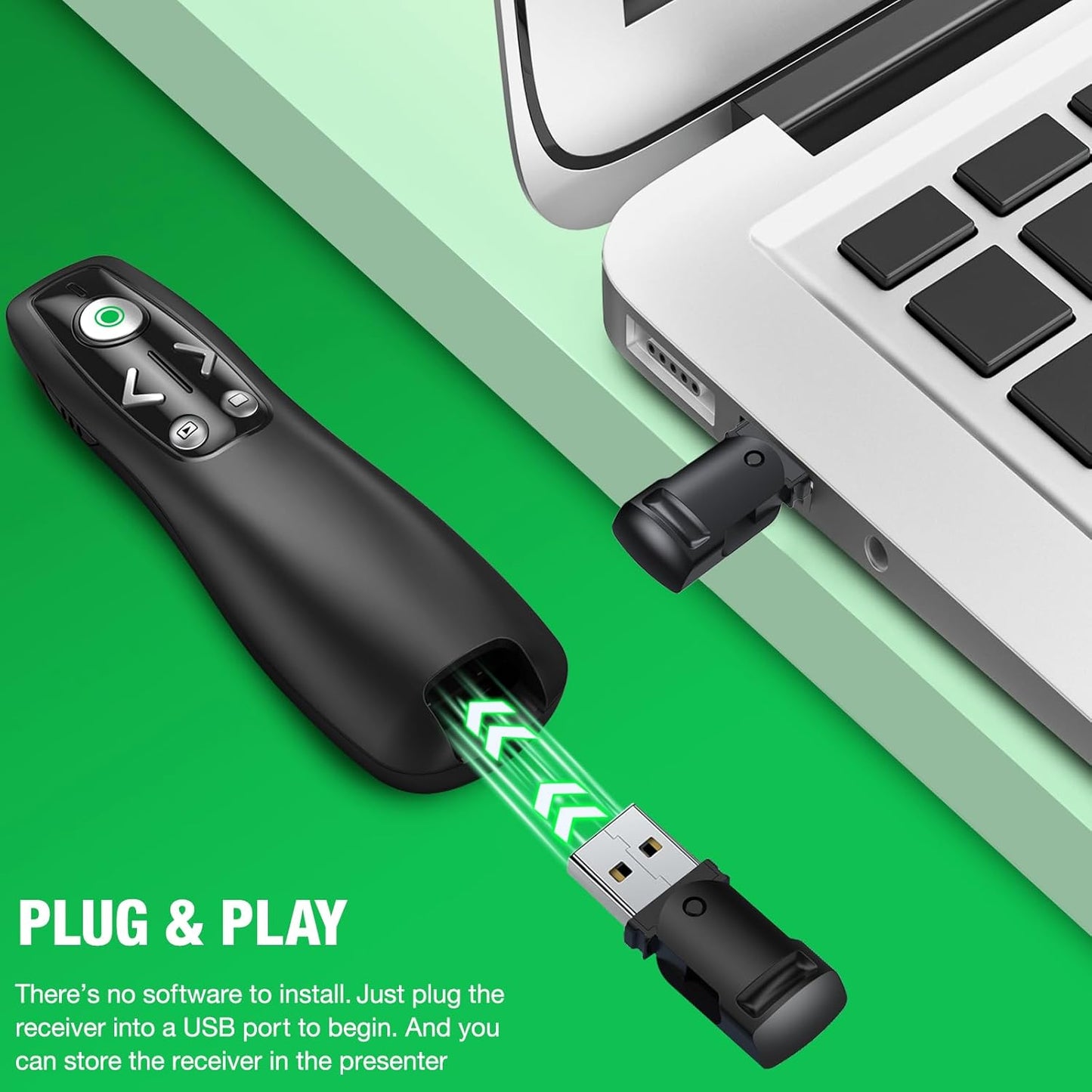 2-in-1 USB Type C Presentation Clicker Wireless Presenter Remote with Green Light for PowerPoint, Powerpoint Clicker with Volume Control PowerPoint Slide Advancer for Mac, Computer, Laptop