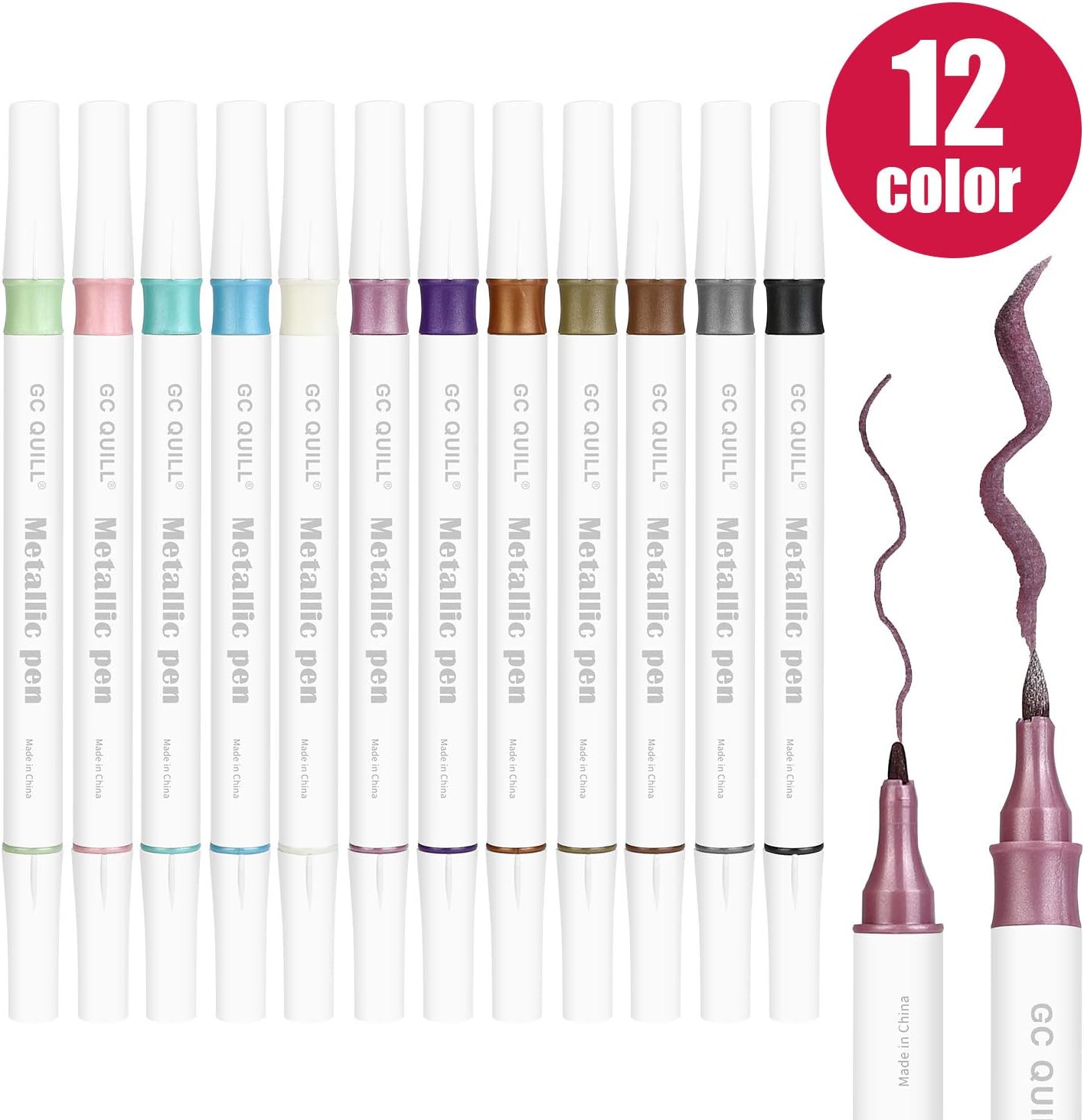 GC QUILL 12 Colors Metallic Marker Pens - Dual Tip Brush and Fine Point Pens for DIY Album, Black Cards, Scrapbooking, Craft Supplies, on Ceramic, Stone, Glass, Fabric GC-MP12