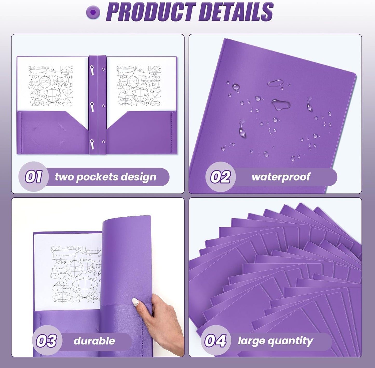Lincia 100 Pcs Plastic Folders with Pockets and Prong Folders with Prongs Plastic Folders with 2 Pockets Pocket Folders for Office, School for Students, Teachers, Office Workers (Purple)