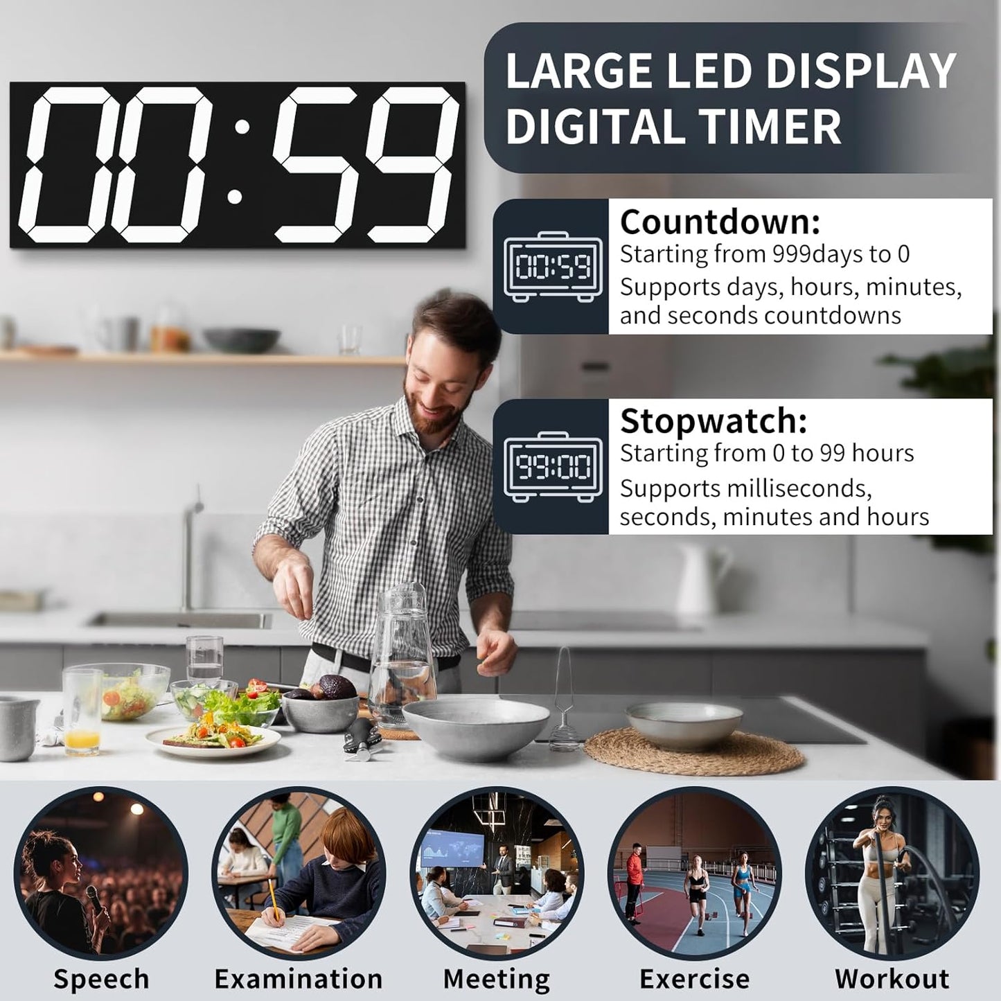 18.7in Large Digital Wall Clock,LED Digital Clock with Big Number,Multi-Function Remote Controlled Wall Clock with Timer, Alarm and Calendar Display(White)