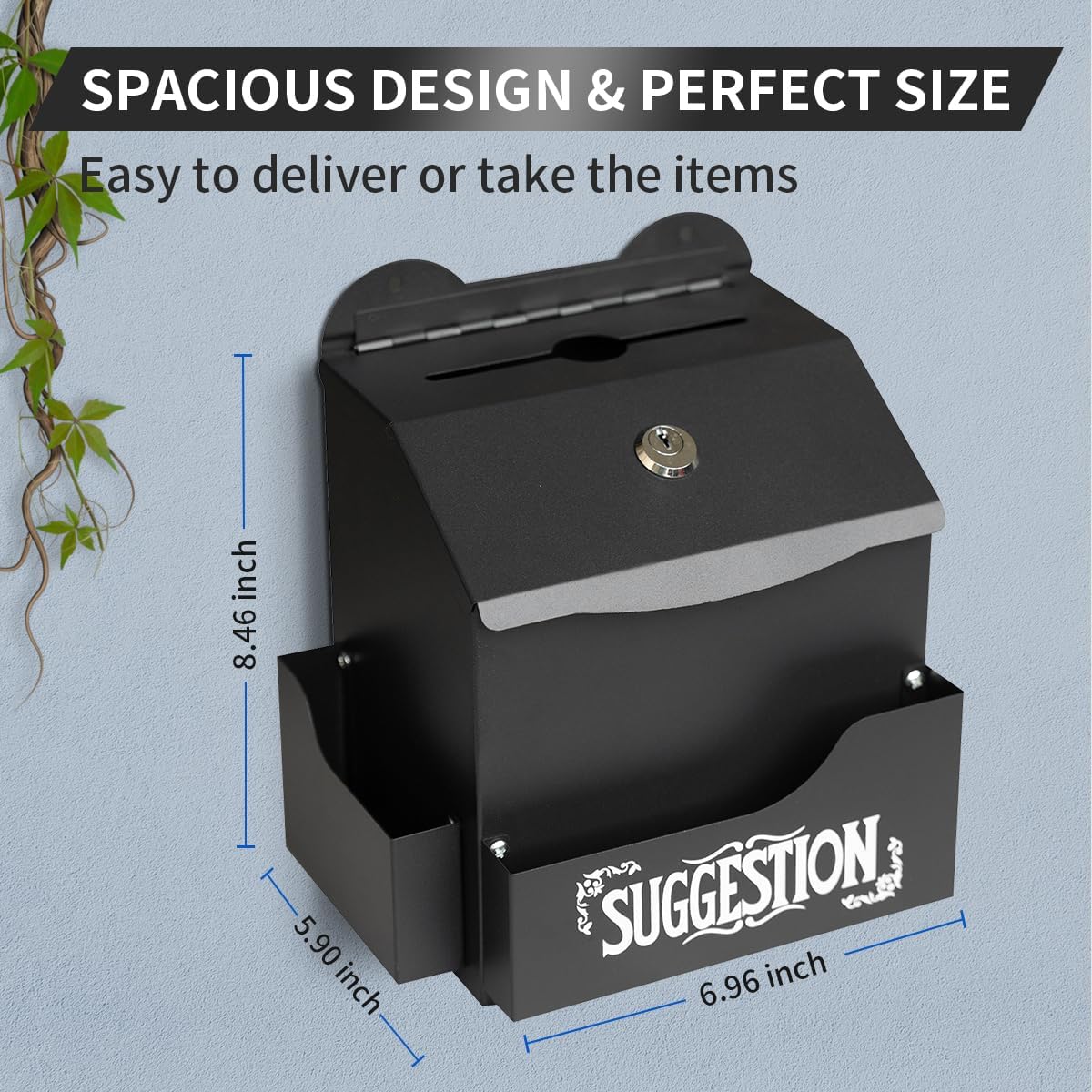 Metal Suggestion Box with Suggestions Lettering, Wall-Mounted&Tabletop With Lock Pen Holder Suggestion Cards*50pcs for Fundraising Comment Voting Prayer Money Drop Donation 8.46×5.9×6.96"