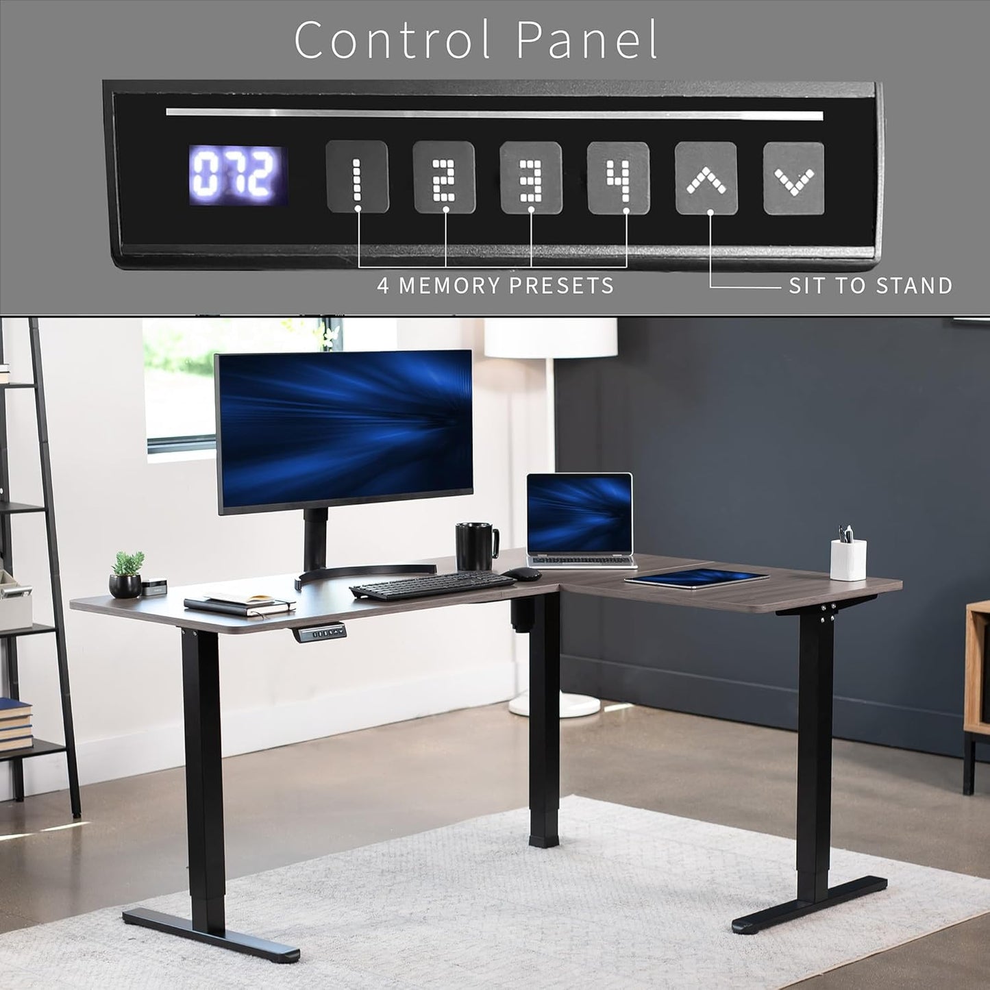 VIVO Electric Corner L-Shaped 63 x 47 in Standing Desk, Memory Height Adjustment, Dark Gray Top Black Frame, DESK-E3CTG-47