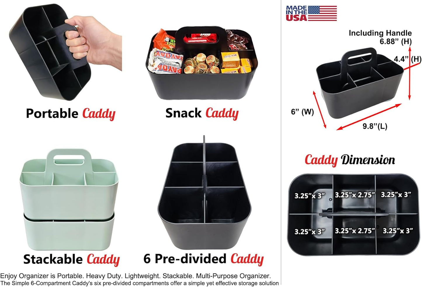 Small Stackable Plastic Caddy with Handle 6 Compartment | Desk, Makeup, Dorm Caddy, Classroom Art Organizers - 4 Pack, Made In USA (Mint)