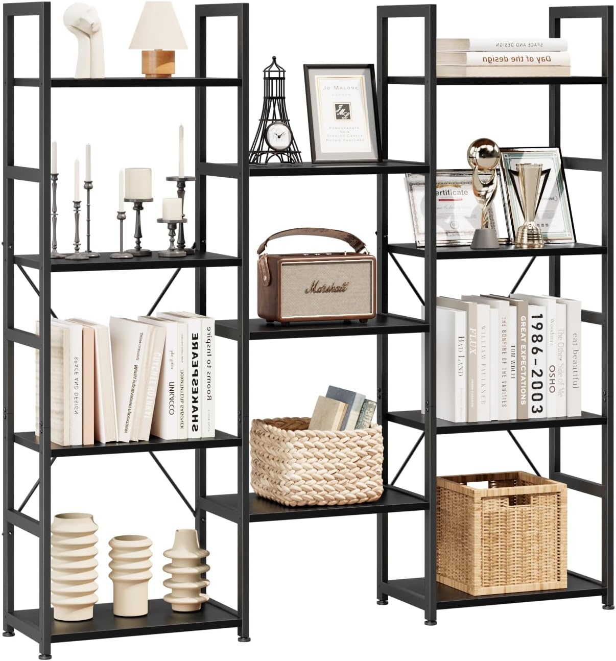 NUMENN Triple Column 4 Tier Bookshelf, Bookcase with 11 Open Display Shelves, Adjustable Rustic Industrial Style Book Shelves, Modern Bookshelves for Bedroom, Living Room and Home Office, Black