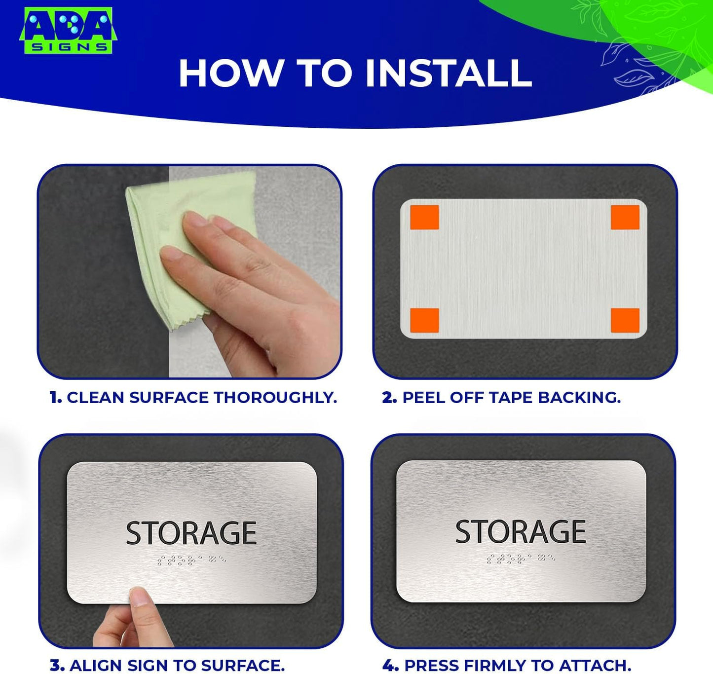 ADASigns Storage Room Sign 7”x4” - Durable Brushed Aluminum with Grade 2 Braille - Easy Installation with Strong Adhesive Tape - ADA Compliant Storage Signs for Business, Restaurants & Offices