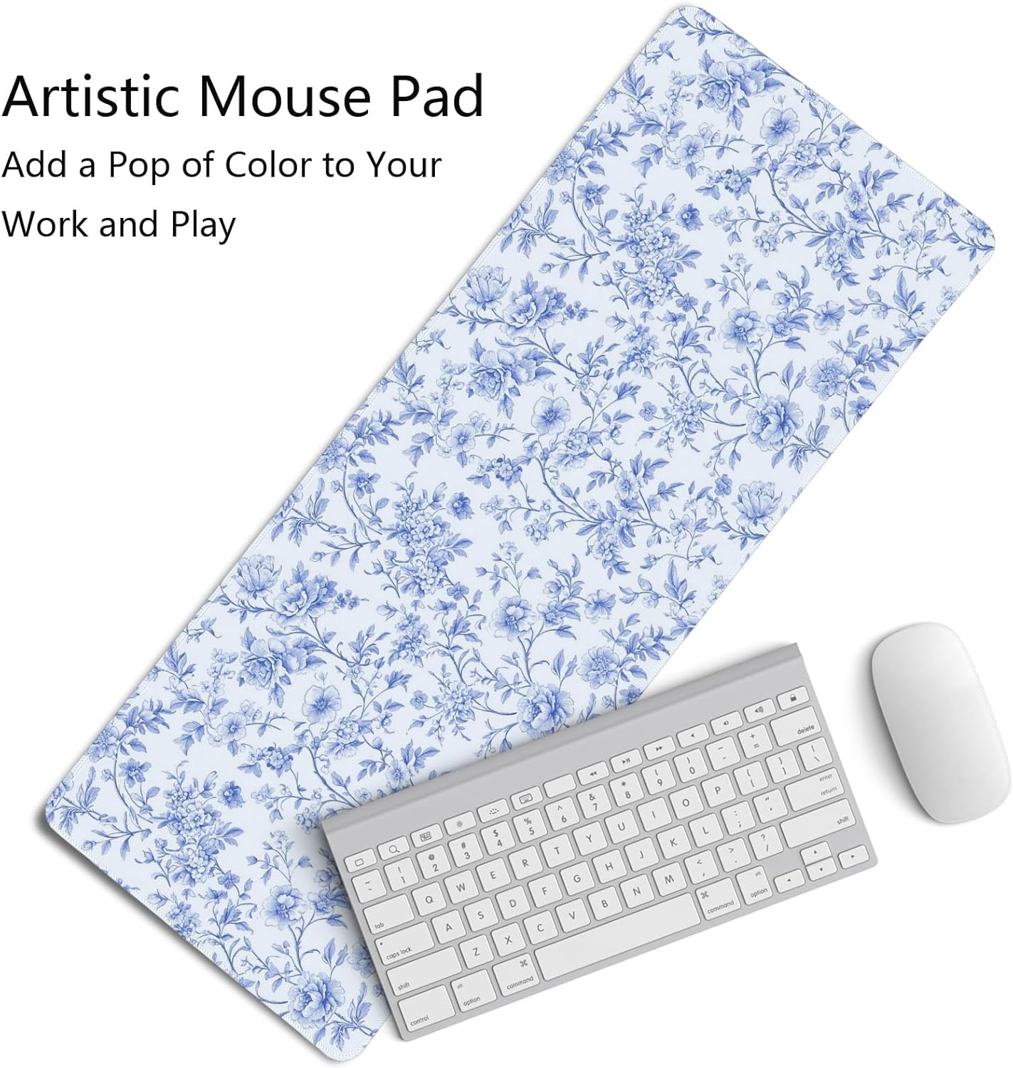 Light Blue Chinoiserie Mouse Pad,Vintage Blue And White Floral Desk Mat,XL Large Vintage Floral Preppy Mouse Pad,Girly Gaming Mousepad,Girly Laptop Desk Mat For Dorm Home Office,31.5x11.8 Inch