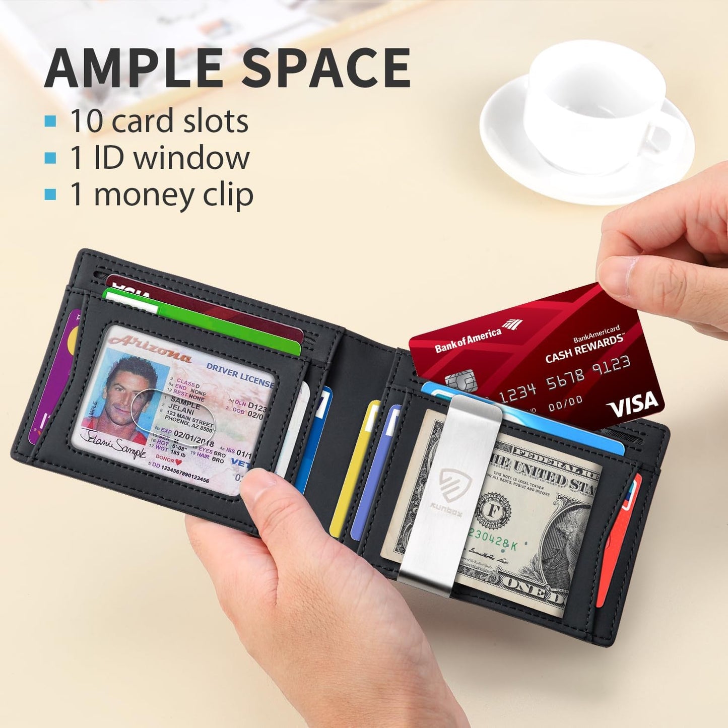 RUNBOX Mens Slim Wallet with Money Clip RFID Blocking Bifold Credit Card Holder for Men with Gift Box