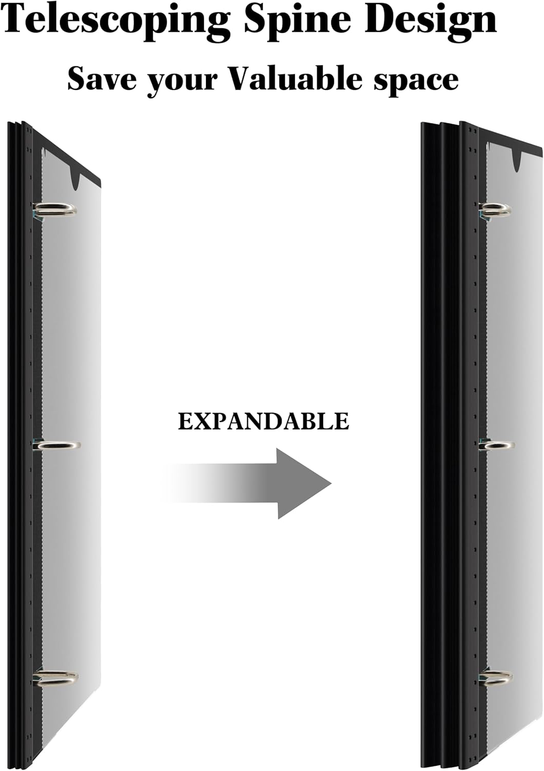 INFUN 1 Inch Telescoping 3 Ring Binder - 1PCS-Black, Flexible Binders with Customizable Front Cover and Clear Catalog Pocket, 1 Inch Rings, 225 Sheet Capacity