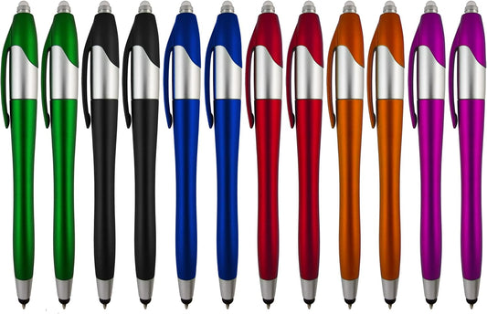 Stylus Pen, 3-1 Multi-Function, Ball Point Black Ink Pen, Capacitive Stylus for Touchscreen Devices, LED Flashlight, Medical Pen Light,for Home,Work,Doctors, and Nurses (12 Pack, Multi-Color)