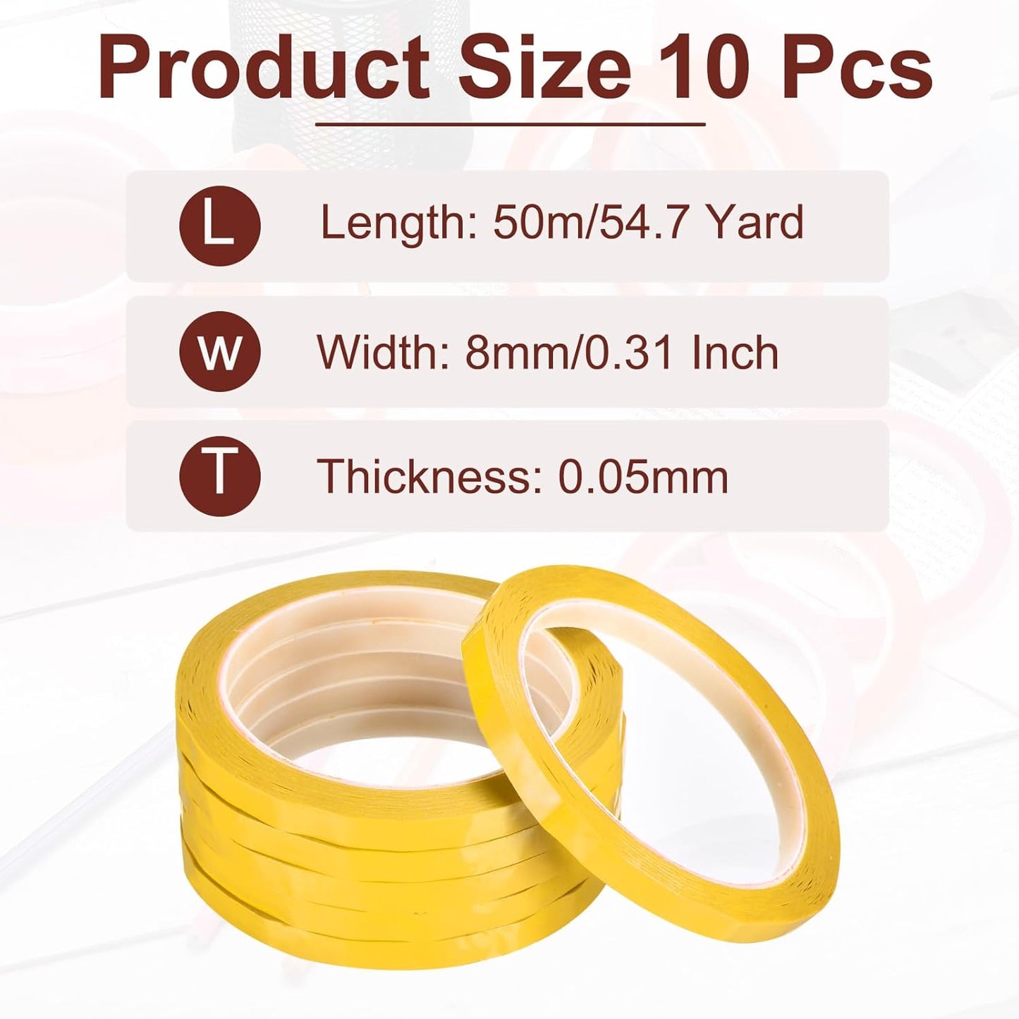 MECCANIXITY 10 Rolls Whiteboard Tape Graphic Chart Tape 8mm 54.7 Yard Art Tape Thin Self-Adhesive Pinstripe Tape Masking Tape for Gift Wrapping Craft Supplies, Yellow