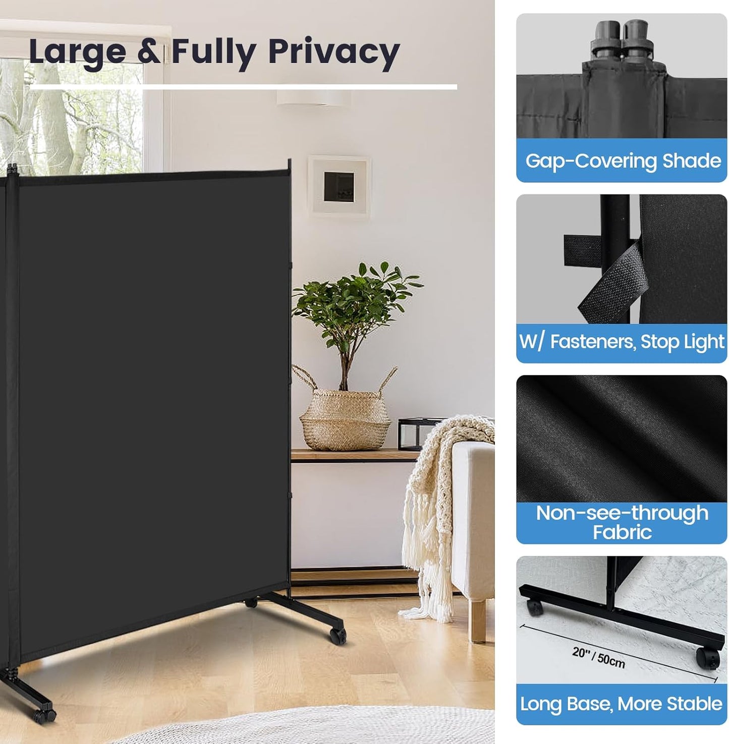 MAYOLIAH Indoor Room Divider 2 Large Panels on Wheels, 142”W x 75”H Rolling Privacy Screen W/Cover Strip, Portable Wall Divider for Home Office Partition, Black