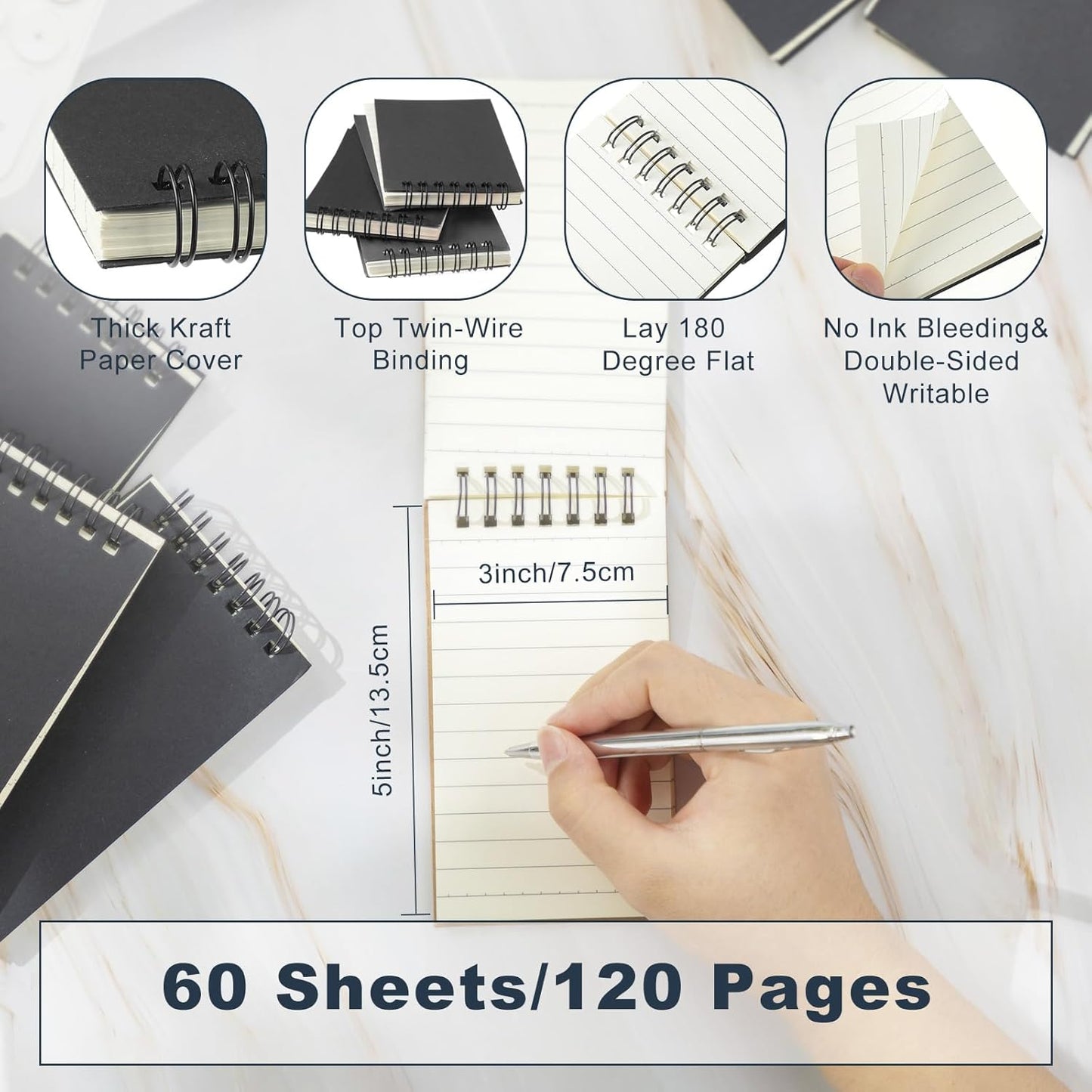 Tenceur 100 Pcs Pocket Notebook Bulk Small 3x5 Inch Spiral Notepads Mini Top Bound Notebook with Lined 120 Pages Ruled Memo Pads for Office College Nurse Essentials Back to School Gift (Black)