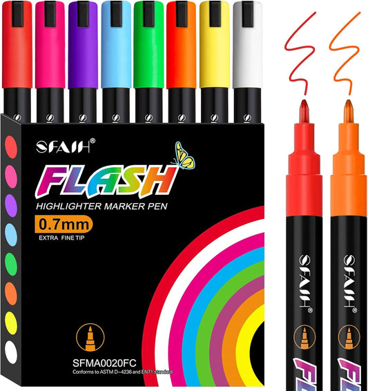 SFAIH 8 Vibrant Liquid Chalk Markers Erasable - 0.7-1mm Fine Tip Chalkboard Pens for Blackboards, Calendar, Acrylic Board, Glass, Signs, Mirror, Dust Free, Non-Toxic, With Highlighter Color Markers