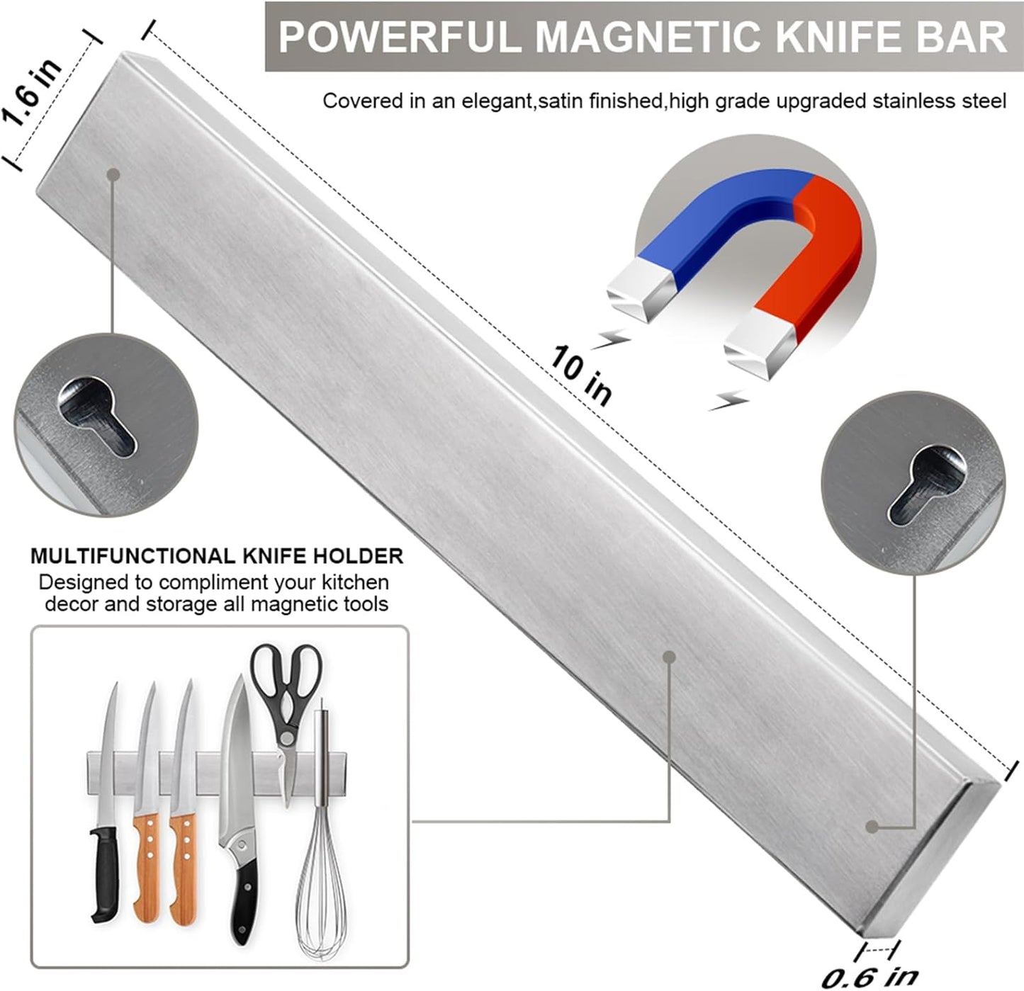 Ninolny 10 Inch Magnetic Knife Strip, Premium Stainless Steel Wall Mounted Kitchen Knives Bar,Space-Saving Powerful No Drilling Magnetic Knife Rack for Home Kitchen Utensil Holder & Tool Holder