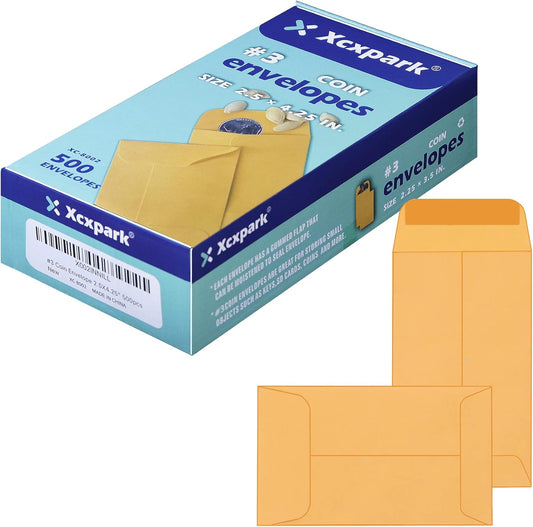 500 PCS #3 Coin Envelopes, 2-1/2” x 4-1/4” inches Brown Kraft Envelopes Classic Small Parts Envelopes with Self Adhesive Gummed Flap for Coins, Cash, Credit Cards, Seeds