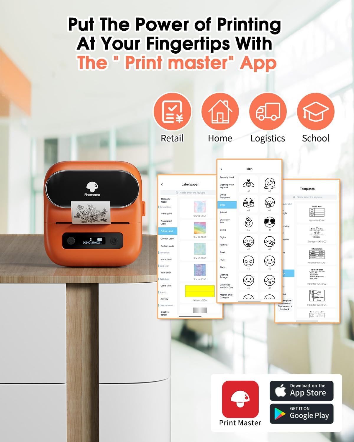 Phomemo M220 Label Printer, Barcode Printer, Bluetooth Thermal Label Maker Machine for Barcodes,Name,Address,Clothing Labeling,for Office Home,Compatible with Phones and Some PC Orange