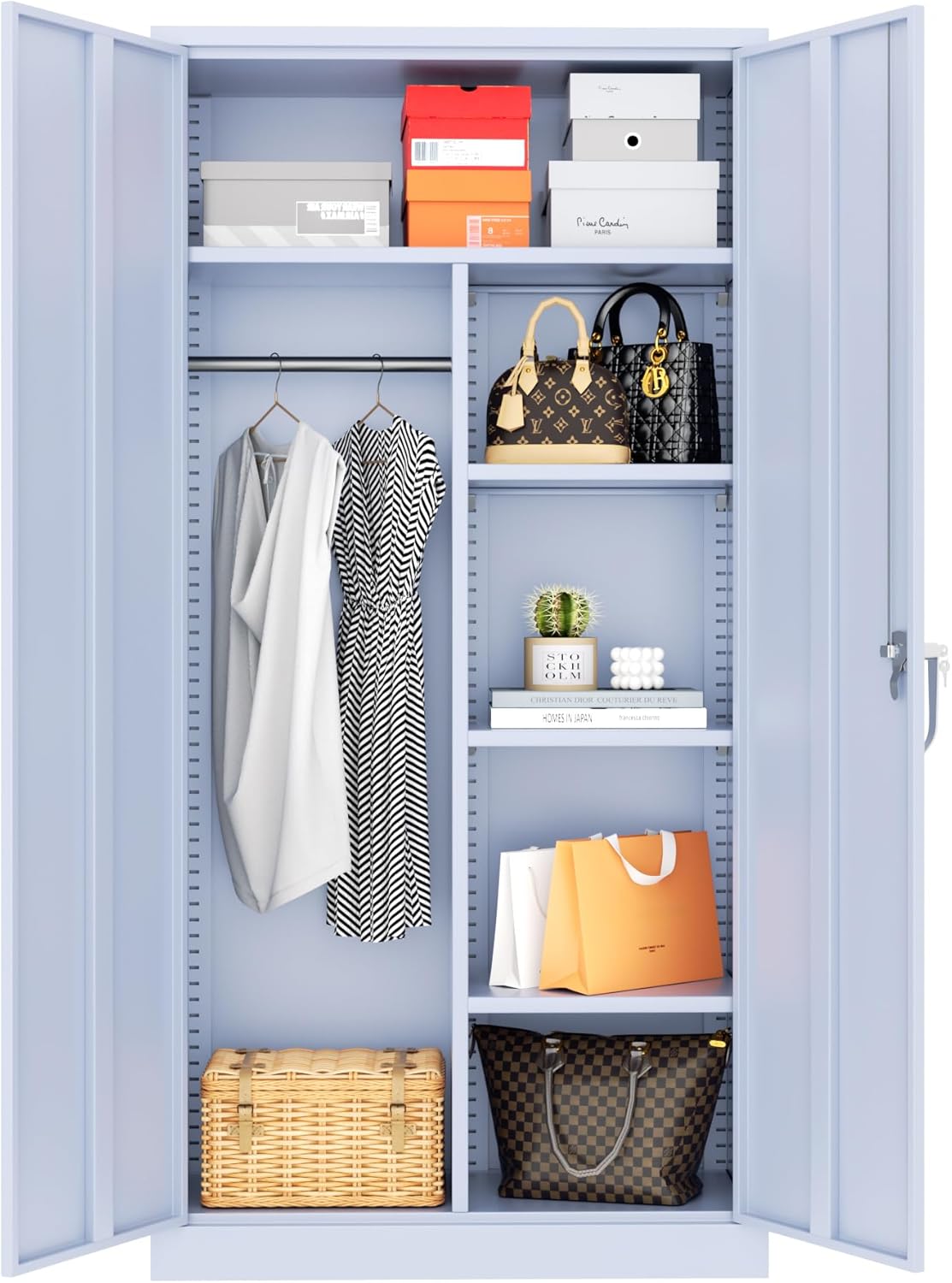 Greenvelly Metal Storage Wardrobe Cabinet with Lock, 72" Dark Grey Metal Wardrobe Closet for Hanging Clothes with Doors and Shelves, Modern Clothes Closet for Home, Office and Bedroom, School,Gym